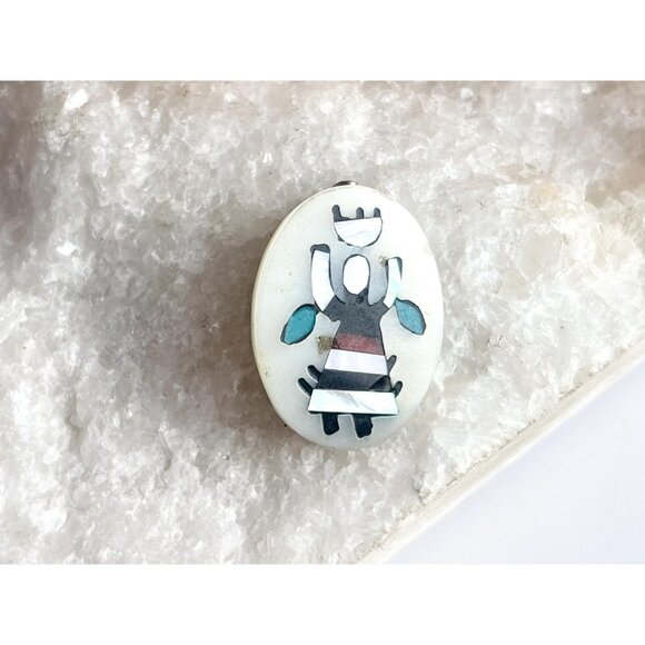 Zuni Inspired Gahn Dancer Oval Hand Crafted Vintage Costume Jewelry Brooch - Picture 9 of 11